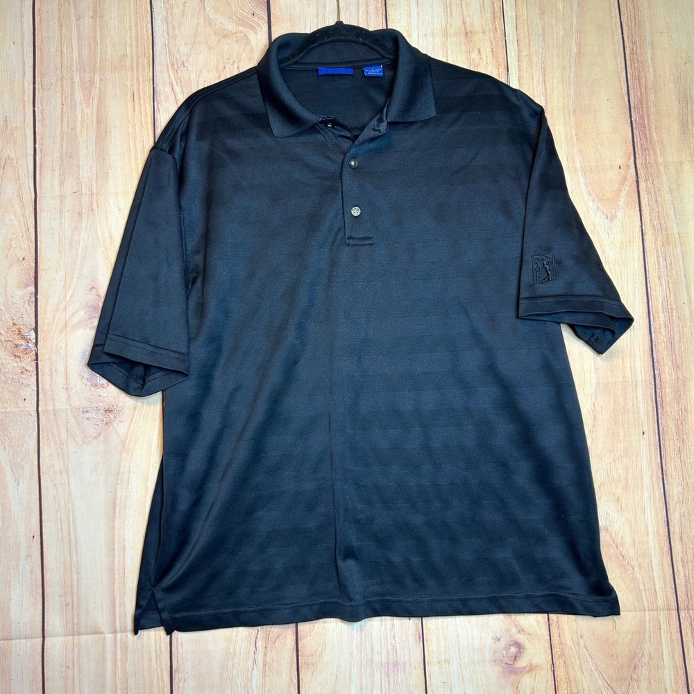 PGA Tour Polo Shirt Mens Large Black Shadow Stripe Performance Golf Dadcore